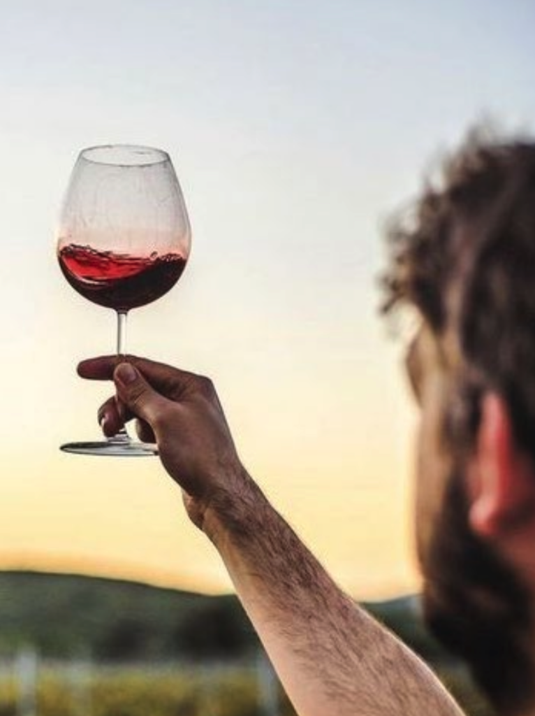 A male holding a glass of red wine up against a sunset sky.