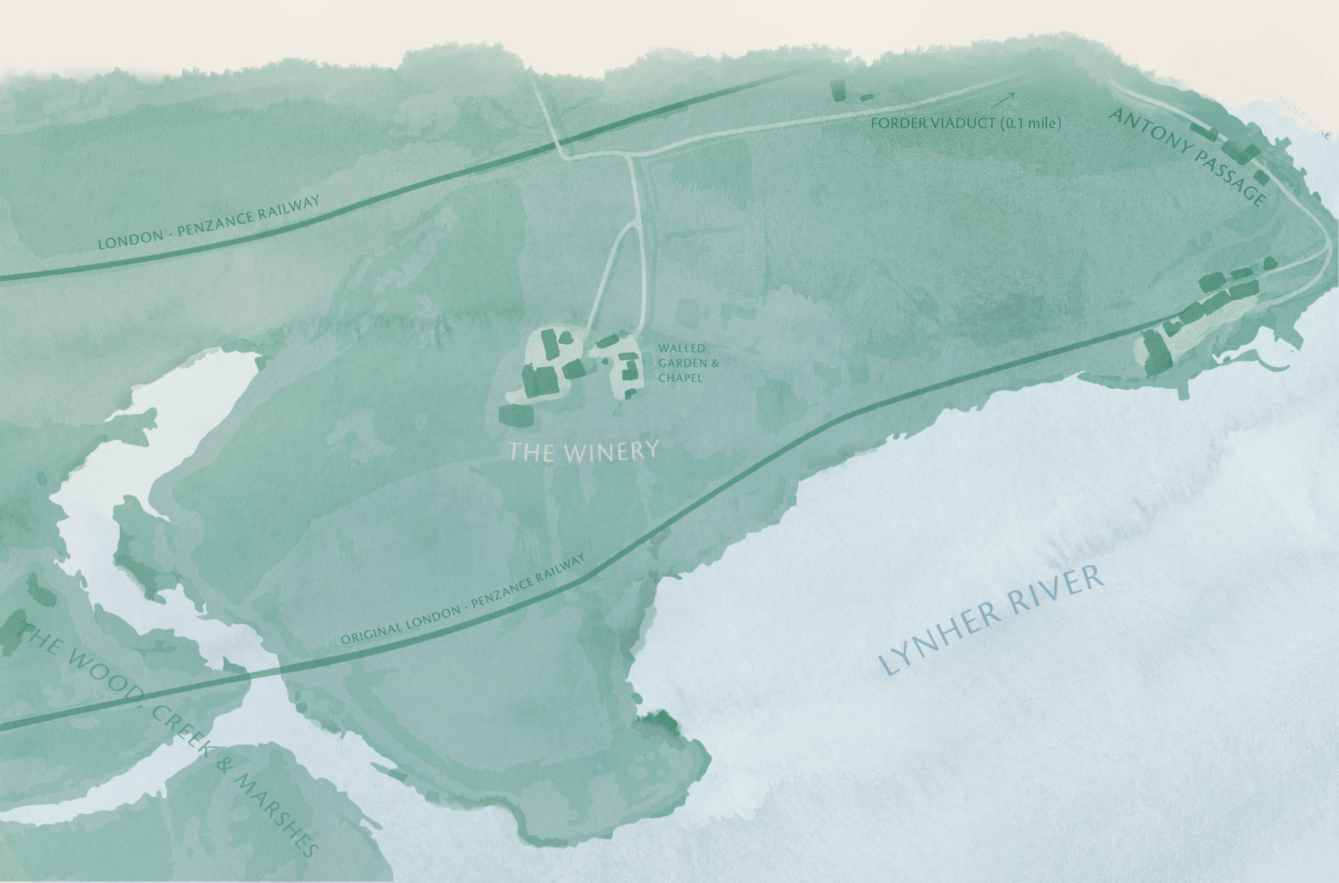 A green, watercolour style illustration that shows shillingham vineyard on a map of the coast.