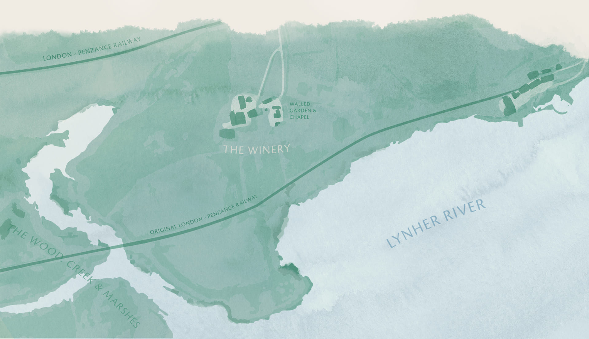 A green, watercolour style illustration that shows shillingham vineyard on a map of the coast.